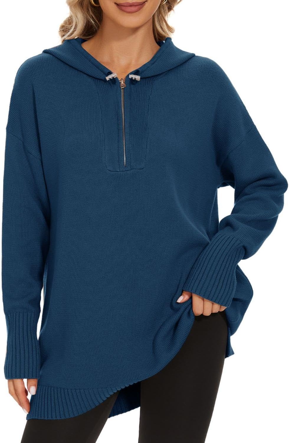 Women’s Hooded Sweater Loose Half Zip Drawstring Pullover Sweatshirt Top Casual Long Sleeve Side Slit Knit Hoodie - Image 2