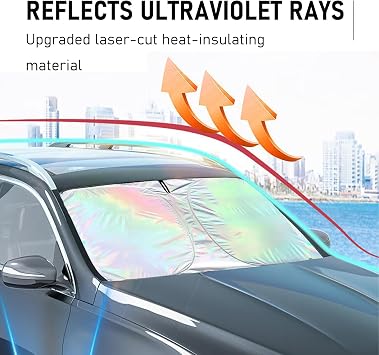 Laser Car Windshield Sun Shade, 145×80cm Front Windscreen Cover Sunshade with Memory Metal Frame, Foldable Reflective Uv Block Car Sun Visor, Heat Dust Windscreen Protector Fit for Most Cars