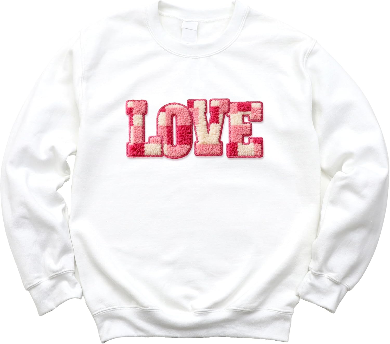 Olive Loves Apple Ink Printed Image NOT a Yarn Patch Sweatshirt - Trendy Checkered Love Sweatshirt for Valentine's Day