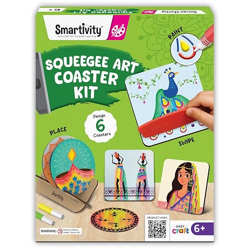 Smartivity Squeegee Art Coaster Kit for Kids 4-8 Years - DIY Paint Pouring & Swirl Art Craft Activity - Make 6 Colorful Coasters - Creative Birthday Gift for Boys & Girls