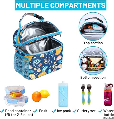 Miniatura 2 de MIER Lonchera para niños y niñas, con aislamiento, lonchera para niños, para la escuela, picnic, viajes al aire libre, compartimentos dobles, azul
