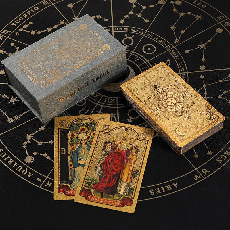 Image of AYME 78 Gold foil Tarot Cards with Guide Book Tarot Deck for Beginners and Professional Player with Box Tarot PVC Durable Waterproof Wrinkle Resistant