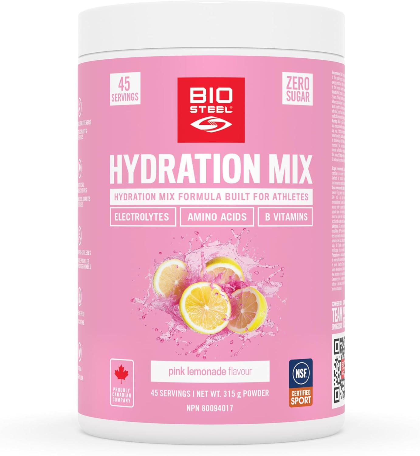 BIOSTEEL Zero Sugar Hydration Mix, Great Tasting Hydration with 5 Essential Electrolytes, Pink Lemonade, 45 Servings per Tub