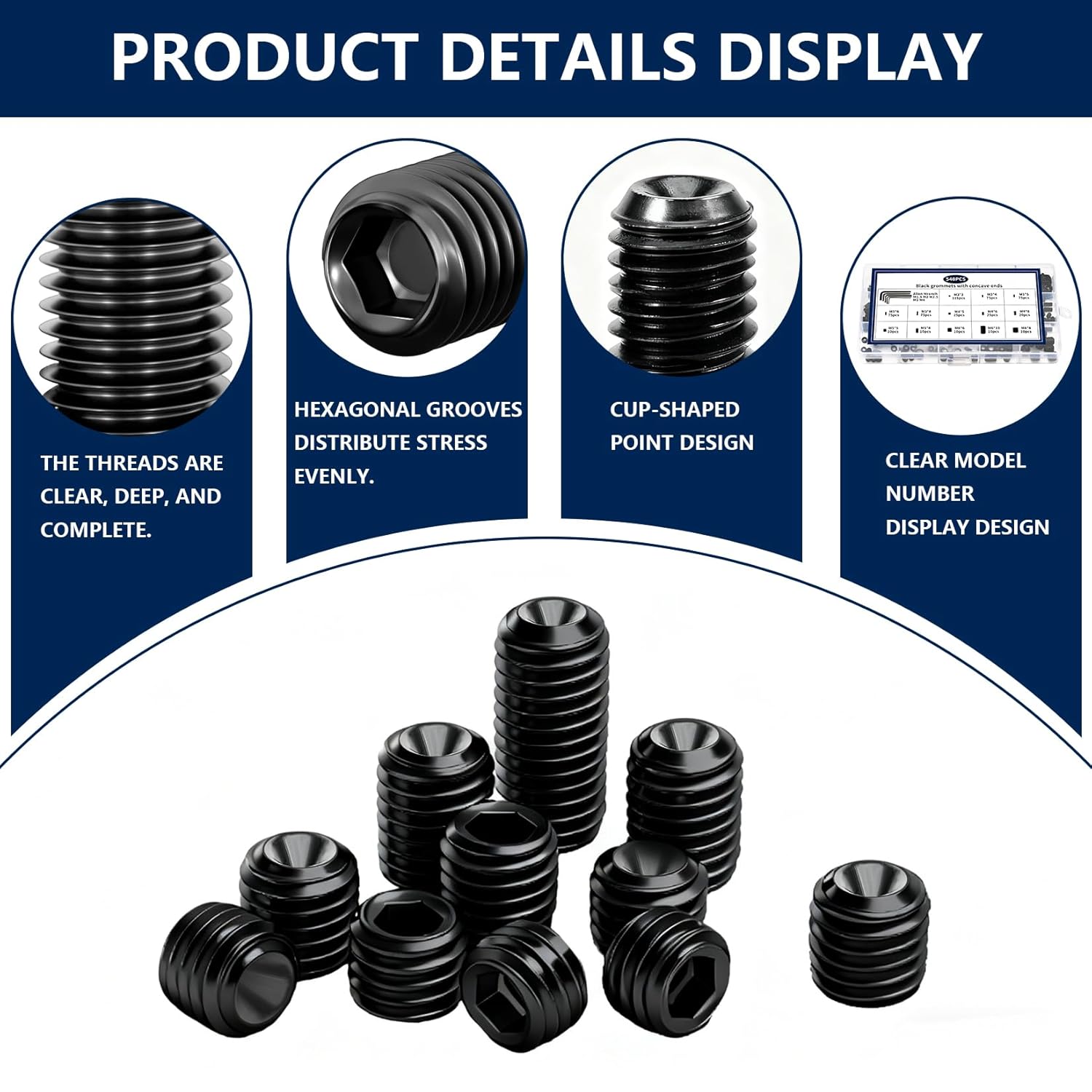 540 Pcs Metric Set Screws Assortment Kit, Hex Drive Set Screws for Bathroom Fixtures, M3 M4 M5 M6 M8 Allen Head Grub Screwss, Set Screw Assortment Kit for Door Handles Knobs Repair Furniture(Black)
