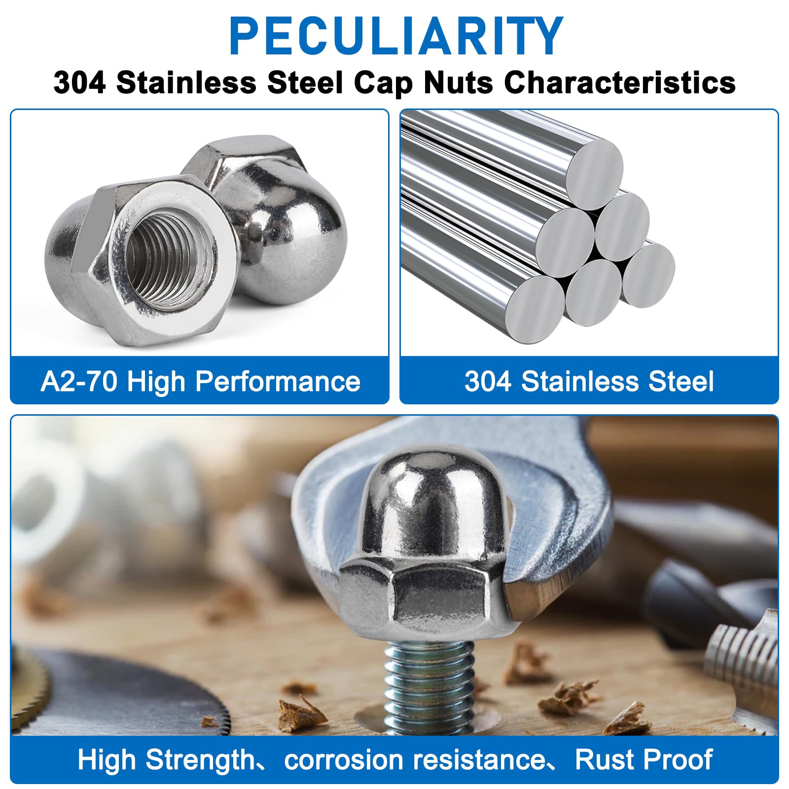 Stainless Steel Acorn Nuts - 107 Piece Set -3 Stainless Steel Acorn Nuts - 107 Piece Set -3