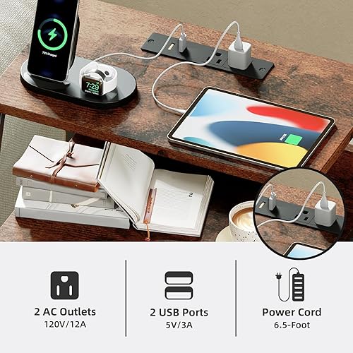 Miniatura 5 de Somdot Mesita de noche negra con estación de carga y luz LED para dormitorio, cómoda alta de 5 cajones con contenedores de tela para mesita de