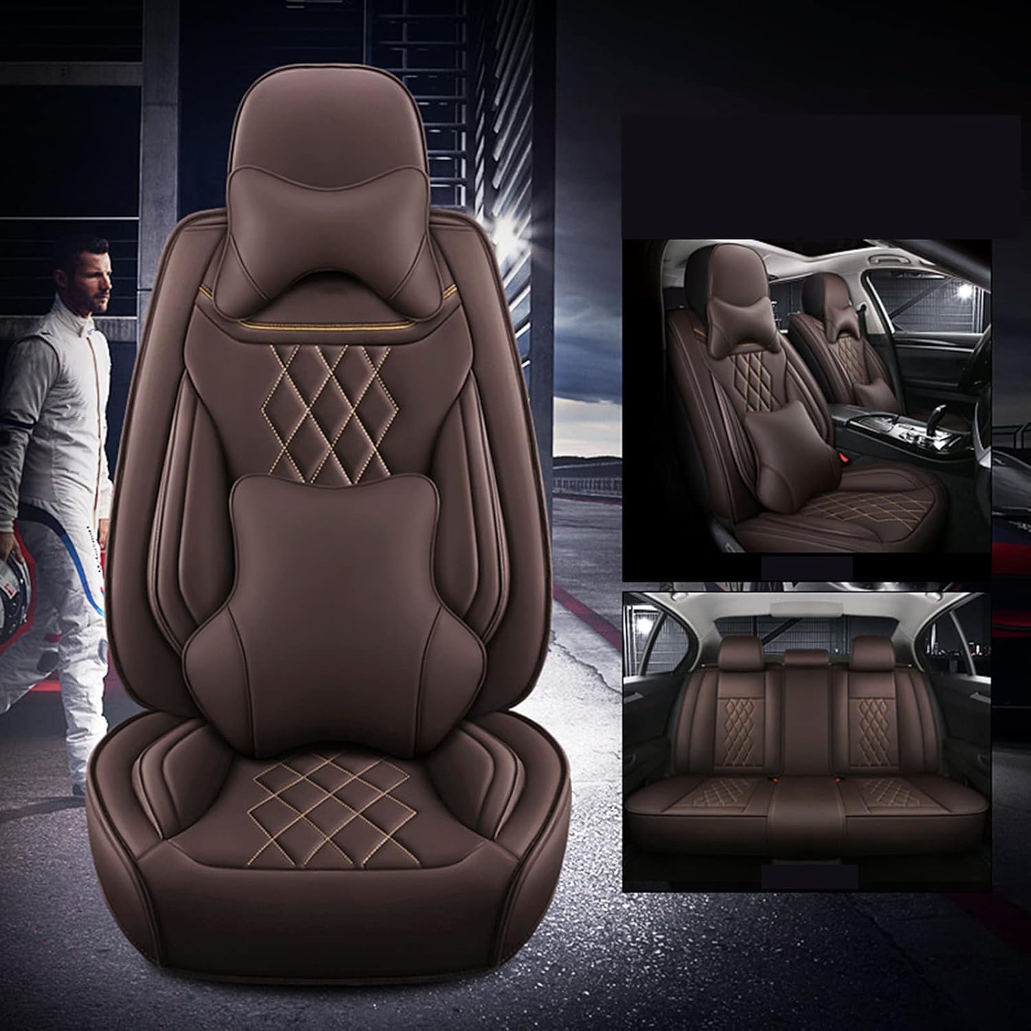 New Car Seat Cover for 5 Seat Sedan SUV Full Leather All Inclusive Car Seat Cushion Adjustable Removable Leather Seat Cushion with 2 Headrests and 2 Cushions,B (E)