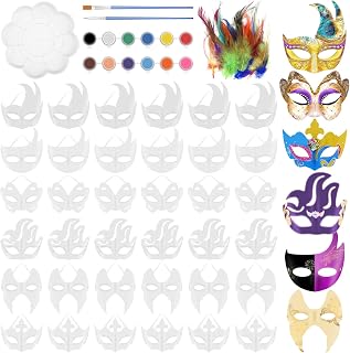 Capoda 24 Pcs Mardi Gras DIY Masks White Masquerade Masks Blank Mardi Gras Crafts with Feathers Watercolor Paint and Brushes Paper Crafts for Adult Costume Cosplay Carnival Masquerade Party Supplies