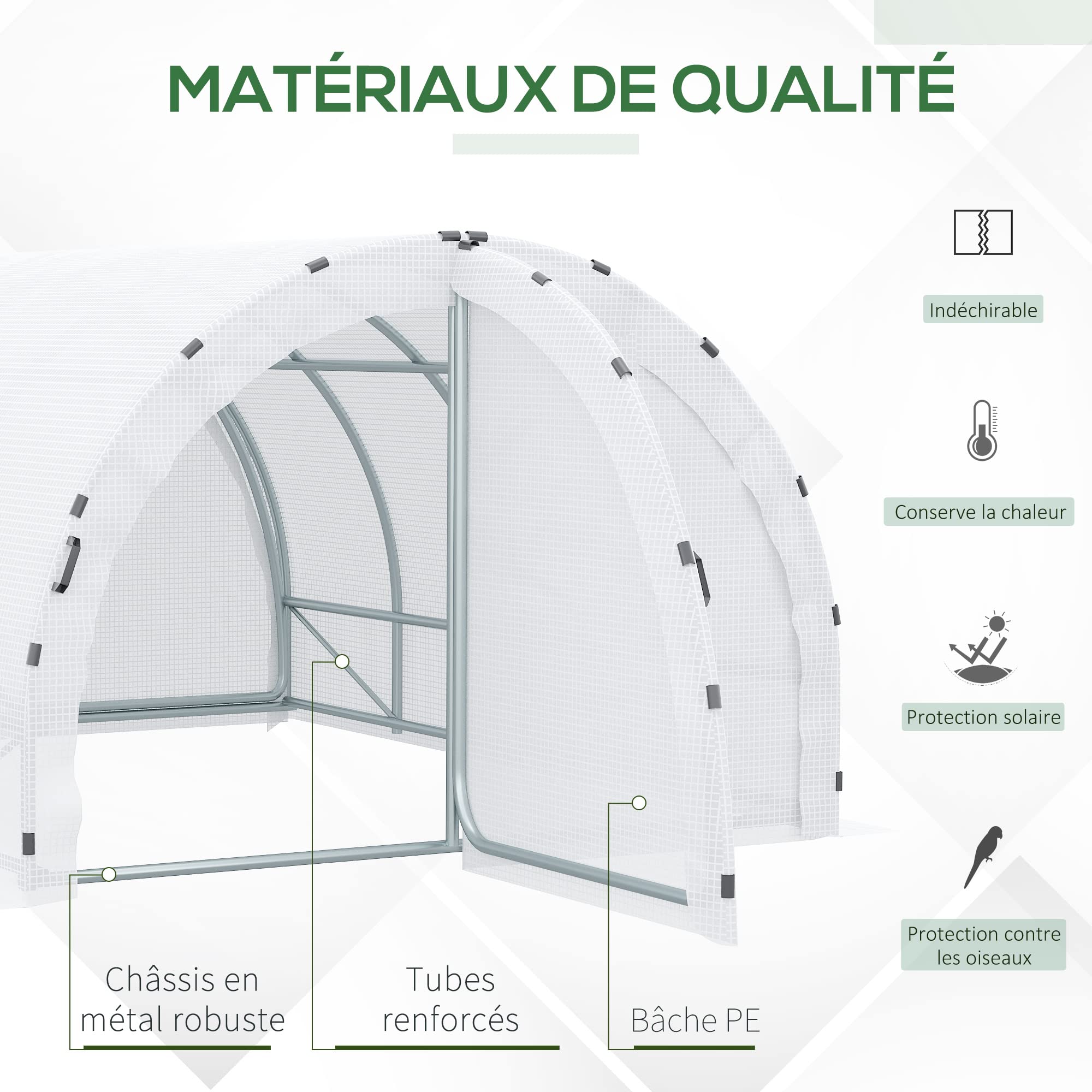 Outsunny Serre de Jardin Tunnel Surface Sol 12 m² 4L x 3l x 2H m châssis Tubulaire renforcé 25 mm Double Porte avec poignées Blanc