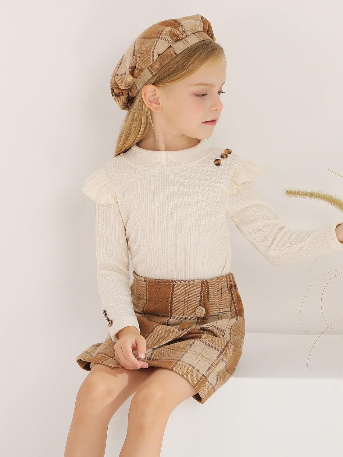 Patgoal Toddler Girls Fall Winter Clothes 3 Piece Outfits Kids Long Sleeve Ribbed Knit T Shirt Sweater Plaid Mini Skirt Set - Image 5