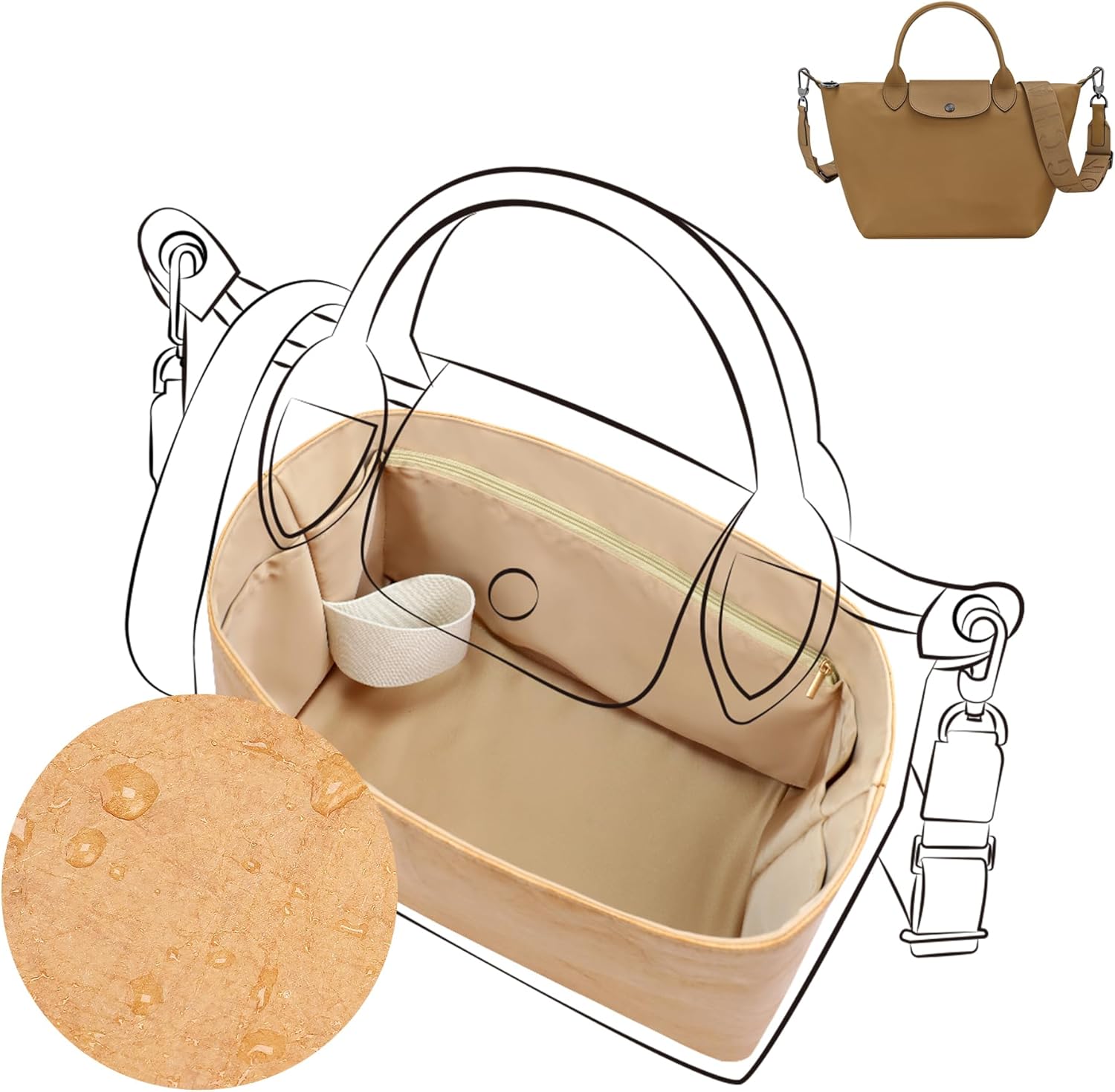 DGAZ Lightweight Purse Organizer Insert for Longchamp-LE PLIAGE Xtra Bag,silk and DupontPaper handbag inner for Luxury Bag(Chai,Le Pliage Xtra XS)