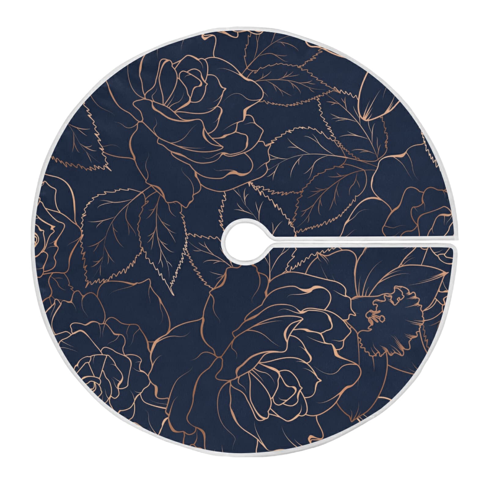 Poeticcity Blue,Rose Copper-Gold Shiny Outline Rose Peony Flowers Leaves On Dark Navy Blue 35.4" Medium Tree Skirt Circular Mat Ornament For Christmas Xmas Party Holiday Decorations