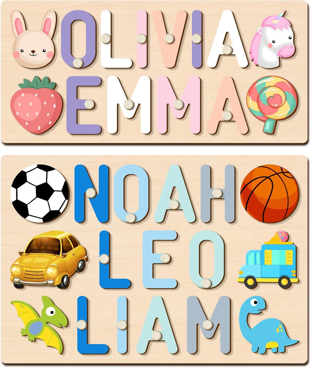 Name Puzzles for Toddlers 1-3,Personalized Easter Gifts for Baby Boy Girl, Wooden Puzzle Engraved Text On Back with Pegs,Montessori Learning Toys Alphabet Animals Puzzle(Multiple Names)