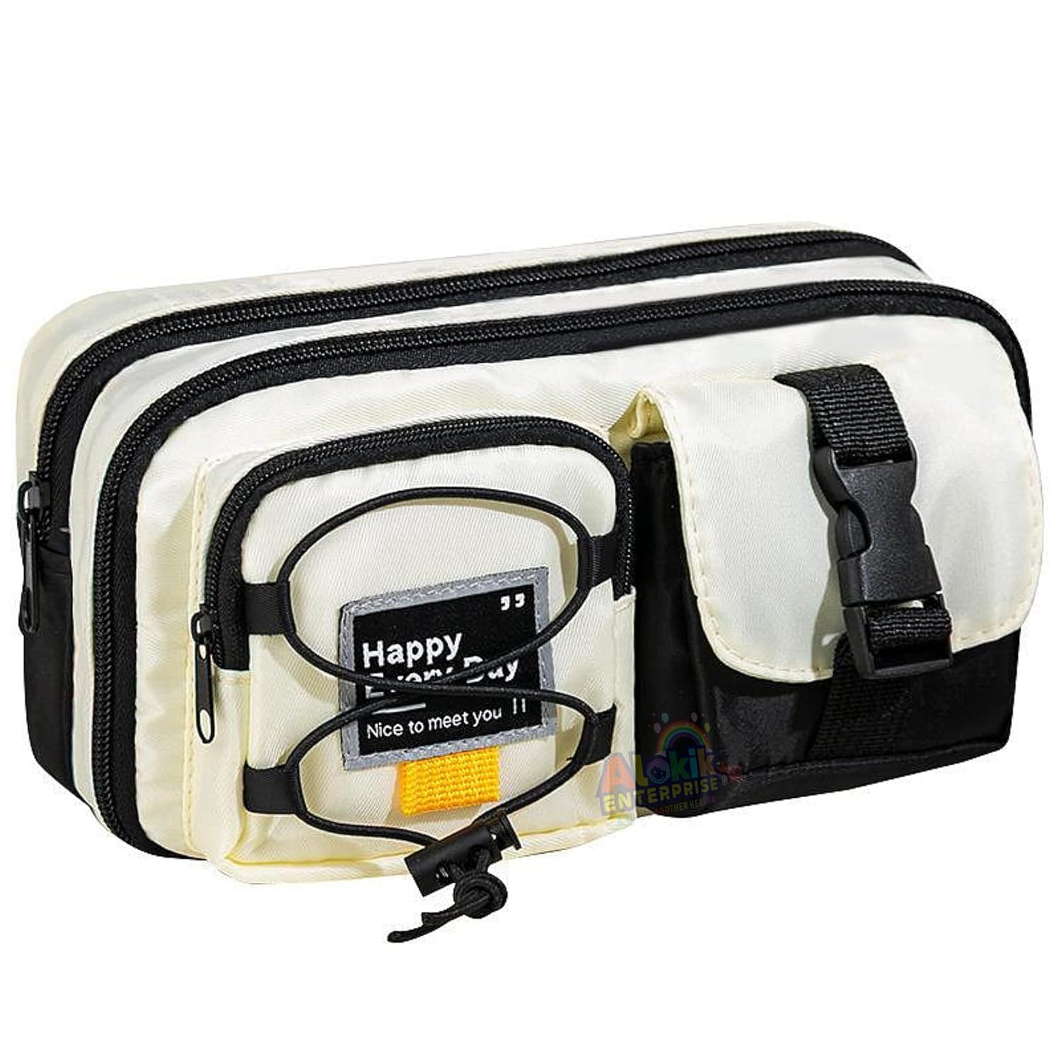 Multi-Compartment Pencil Pouch Large Capacity Pen Case with Zipper & Buckle Pocket, Durable Canvas Stationery Organizer for School Office Travel, Stylish Storage (Black Happy Every Day)-image-20