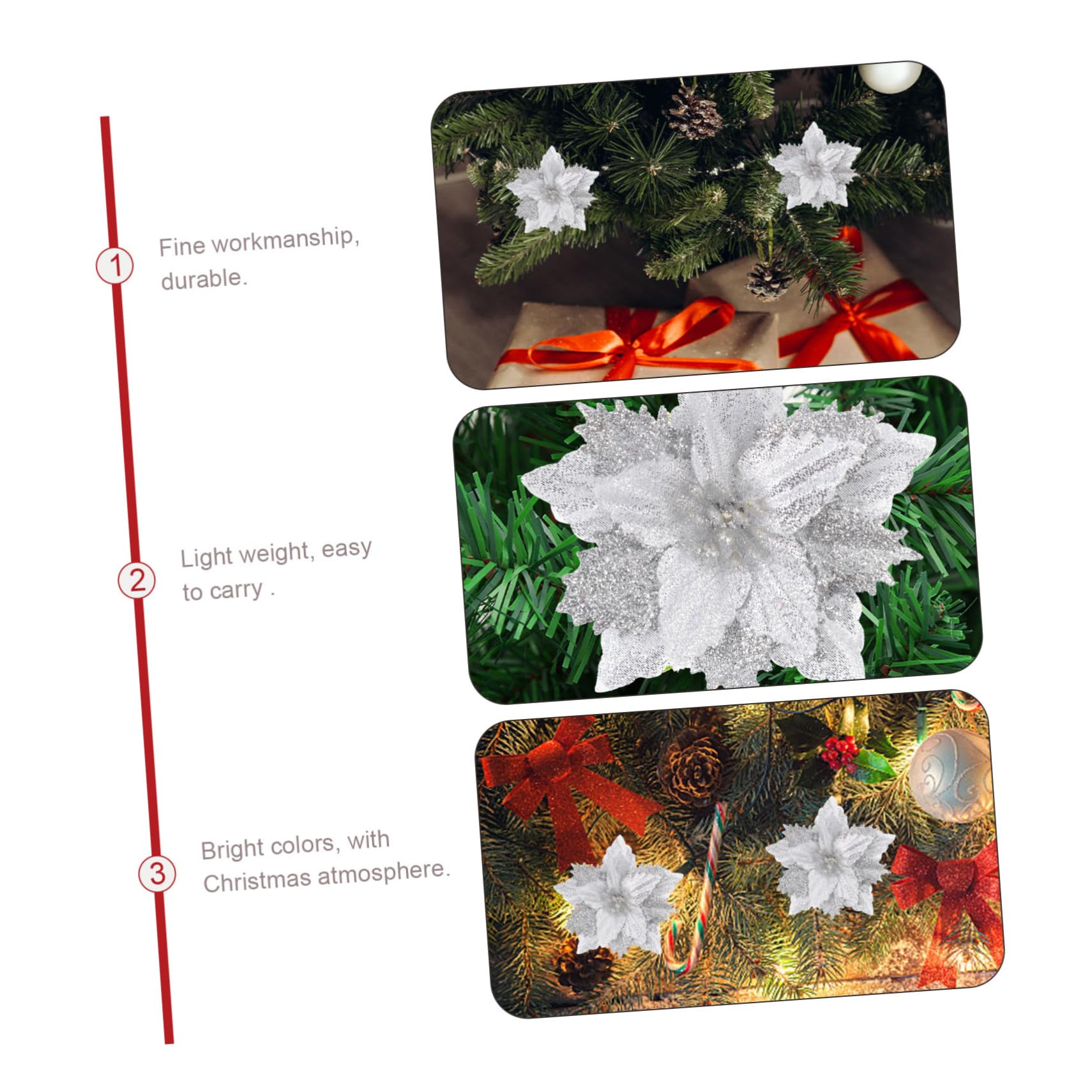 64 pcs Fleur de Noël Artificielle Fleur de Noël Fête Fleur Prop Poinsettia Fleurs Artificielles Noël Paillettes Fleurs Vacances Paillettes Poudre Fleurs Artificielles Arbre de Noël