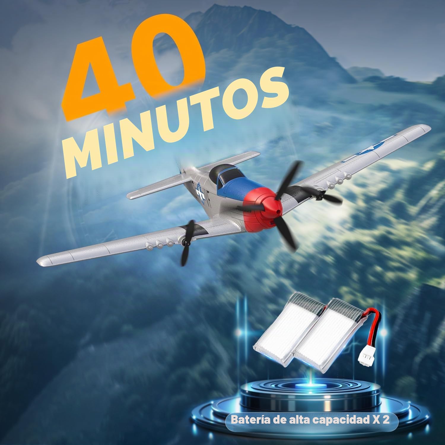 volantexrc P51D Mustang 3 Canales Avión Controlado por Radio RTF con 2 Baterías 3CH RC Plane RTF RC Juguete Planeador para Principiantes, Niños, Adultos