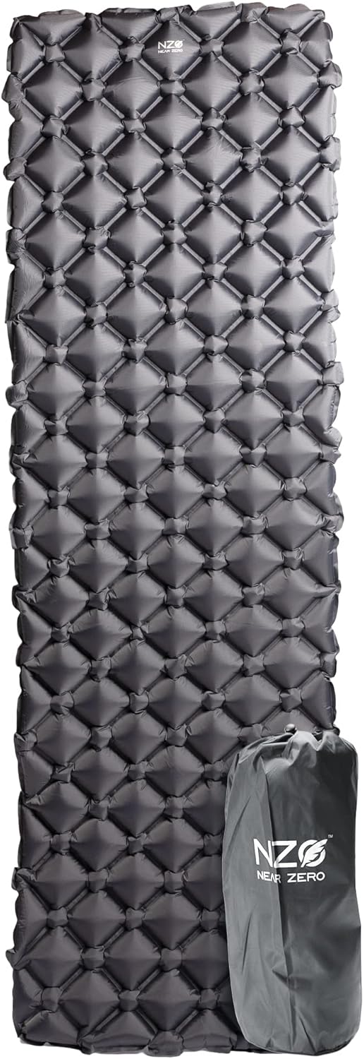 NEAR ZERO Ultralight Inflatable Sleeping Pad – Compact 14.5 oz Air Pad, Quick Inflate with 11 Breaths, Durable Rip-Resistant Nylon – Ideal for Backpacking & Warm Weather, Gray