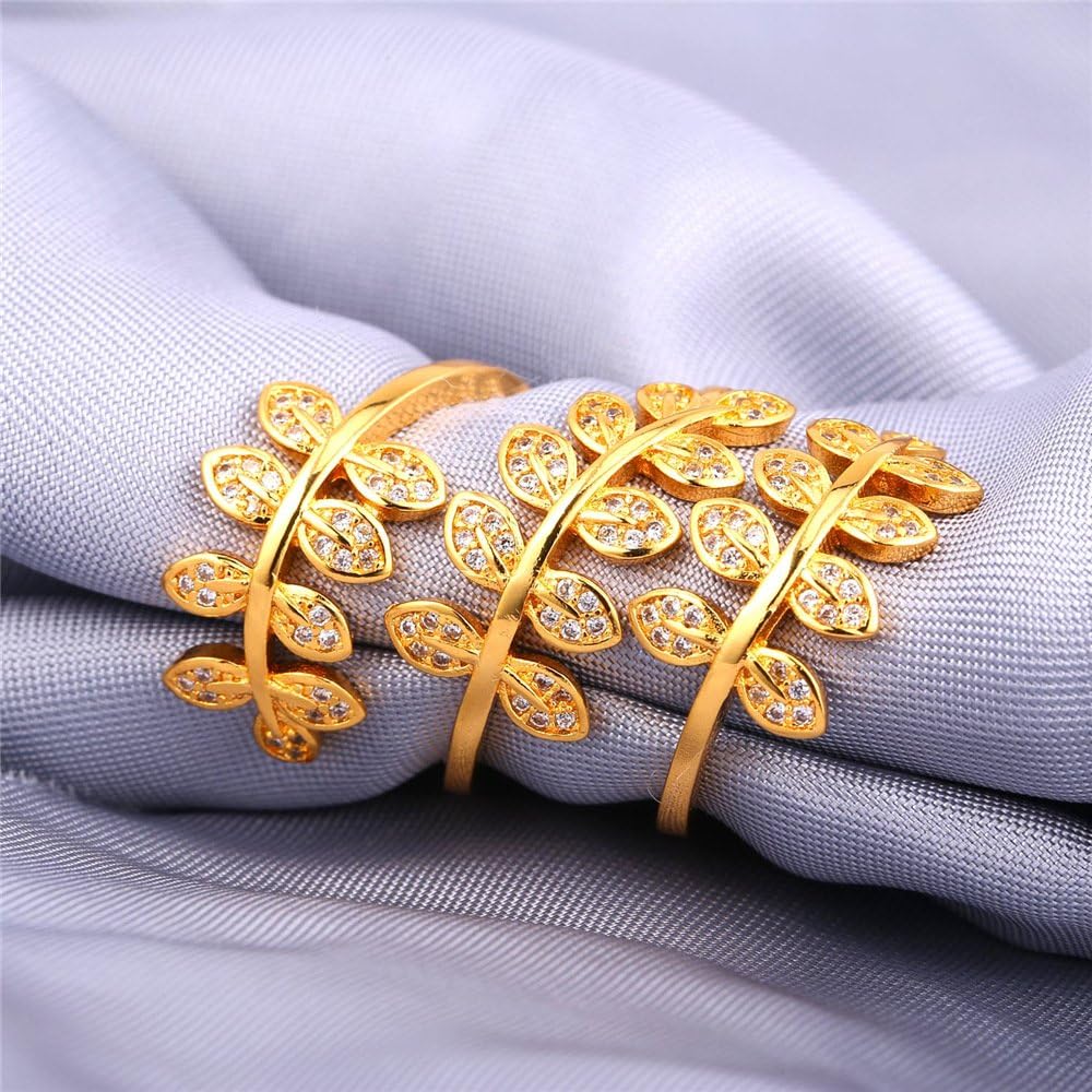 Women Statement Knuckle Ring Leaf Ring 18K Gold Plated CZ Long Cocktail Wrap Ring|