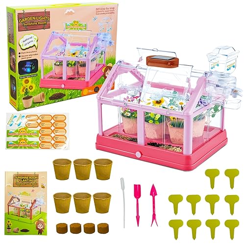 EXBEPE Kids Plant Growing Kit Greenhouse Growing Set Terrarium Kit Kids Science Educational DIY Plant Gardening Toy, Living Greenhouse with Solar Panel, Indoor Gardening Kit