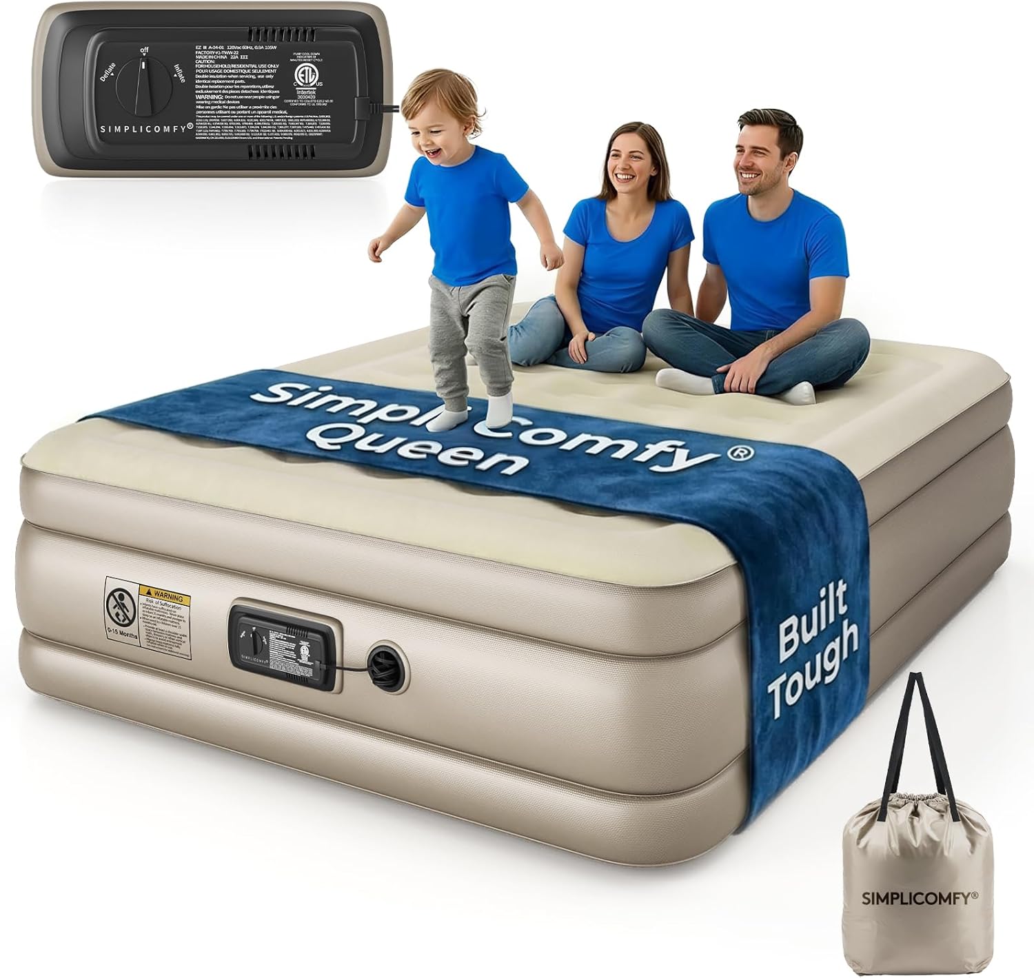 Simpli Comfy 18" Raised Double-High Queen Inflatable Air Mattress with Built-in Electric Pump, Fast Self-Inflating Blow Up Air Bed with Waterproof Top for Home Travel Camping, Colchón Inflable de 18"
