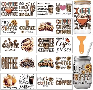 10 Pcs Coffee Theme Cup Printing UV Transfer Papers, 10 Styles Coffee Cups Leopard Print Floral Plants Love Hearts PVC DIY Heat Transfer Stickers for 16 OZ Glass Cups Crafts 9.5x4.3inch