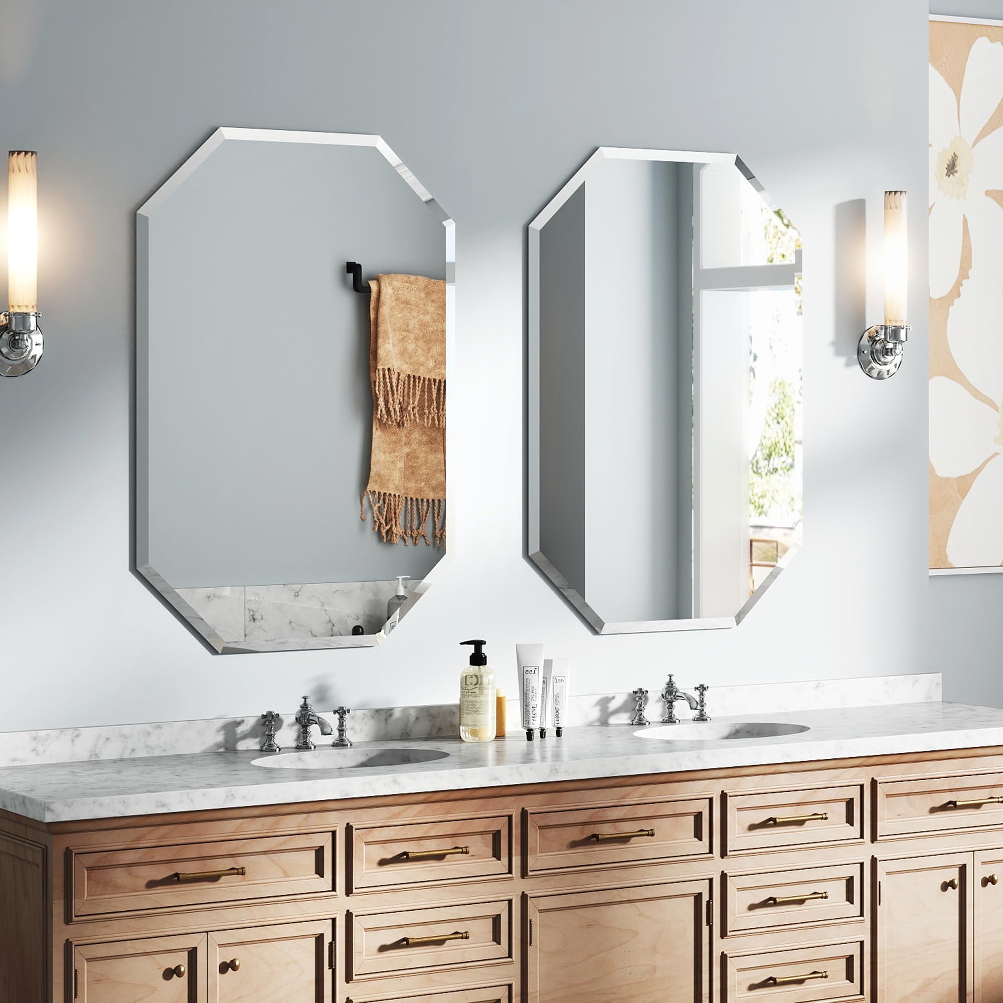 Chende 28" x 36" Large Beveled Mirror for Wall, Set of 2 Bathroom Wall Mirror with Beveled Edge, Frameless Mirror for Bedroom Vanity Set, Vertical or Horizontal Placement