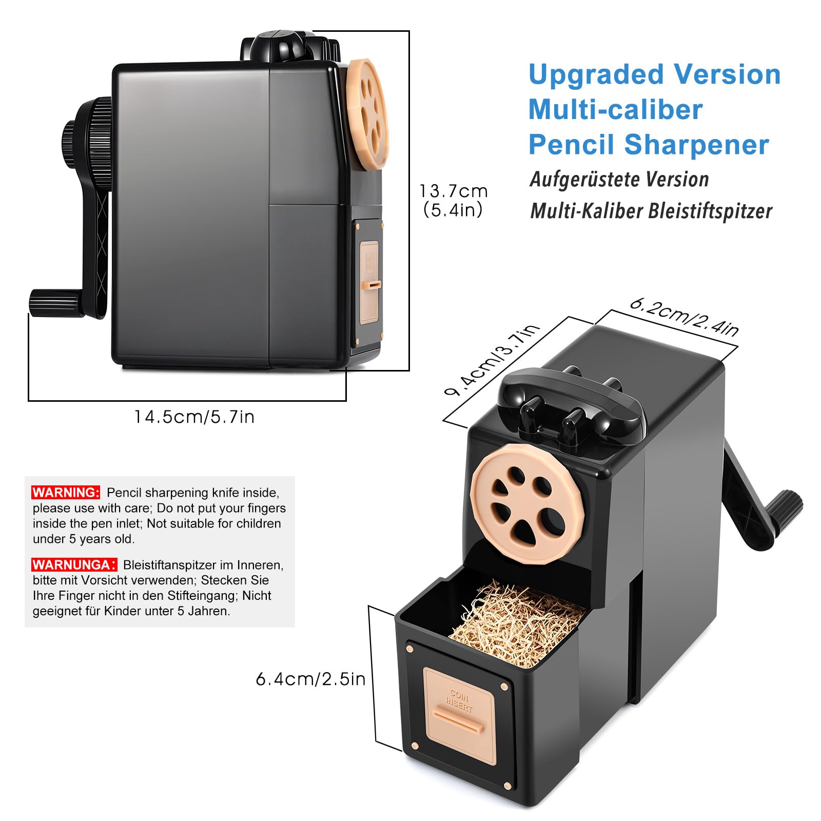 GUCOLUBU Manual Pencil Sharpener Desktop Pencil Sharpener with Container 5 Grades of Thickness and 6 Pen Hole Calibers (6-12mm) Self-Adjustable Suitable for Students Kids Artists (Black) - Image 3