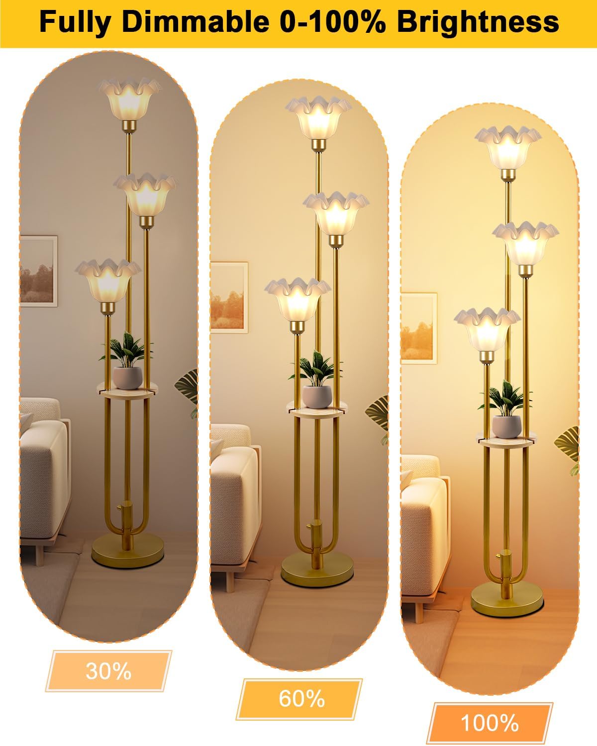 Lightdot Flower Floor Lamp for Living Room, Dimmable Vintage Floor Lamp with Shelf& Bulbs Included, 3 Light Warmwhite Mid Century Gold Floral Standing Tall Lamp for Bedroom/Sofa Beside/Corner Decor