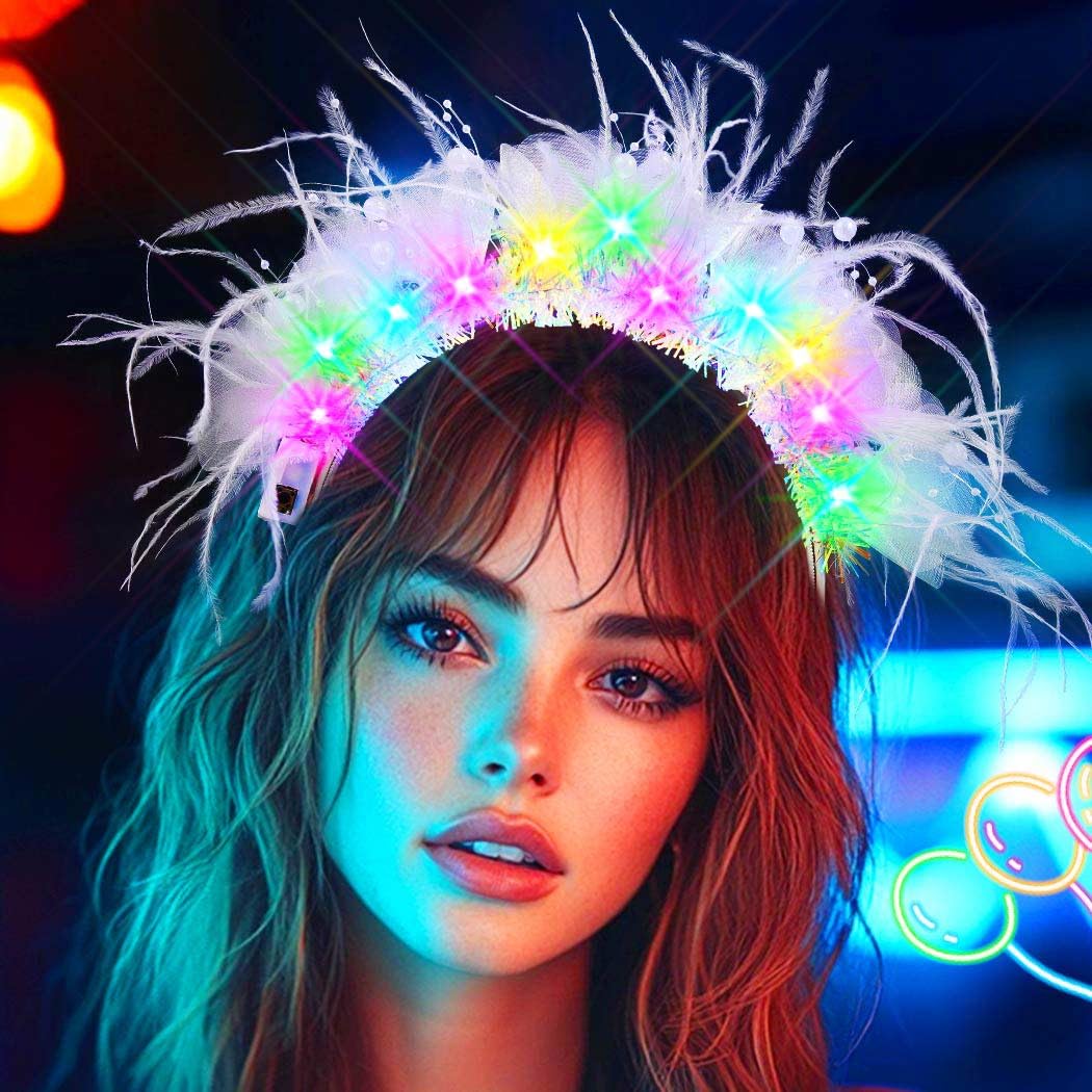Evlry LED Feather Headband Glowing Flower Hair Bands Light Up Pearl Hair Accessories for Women, White - Image 2