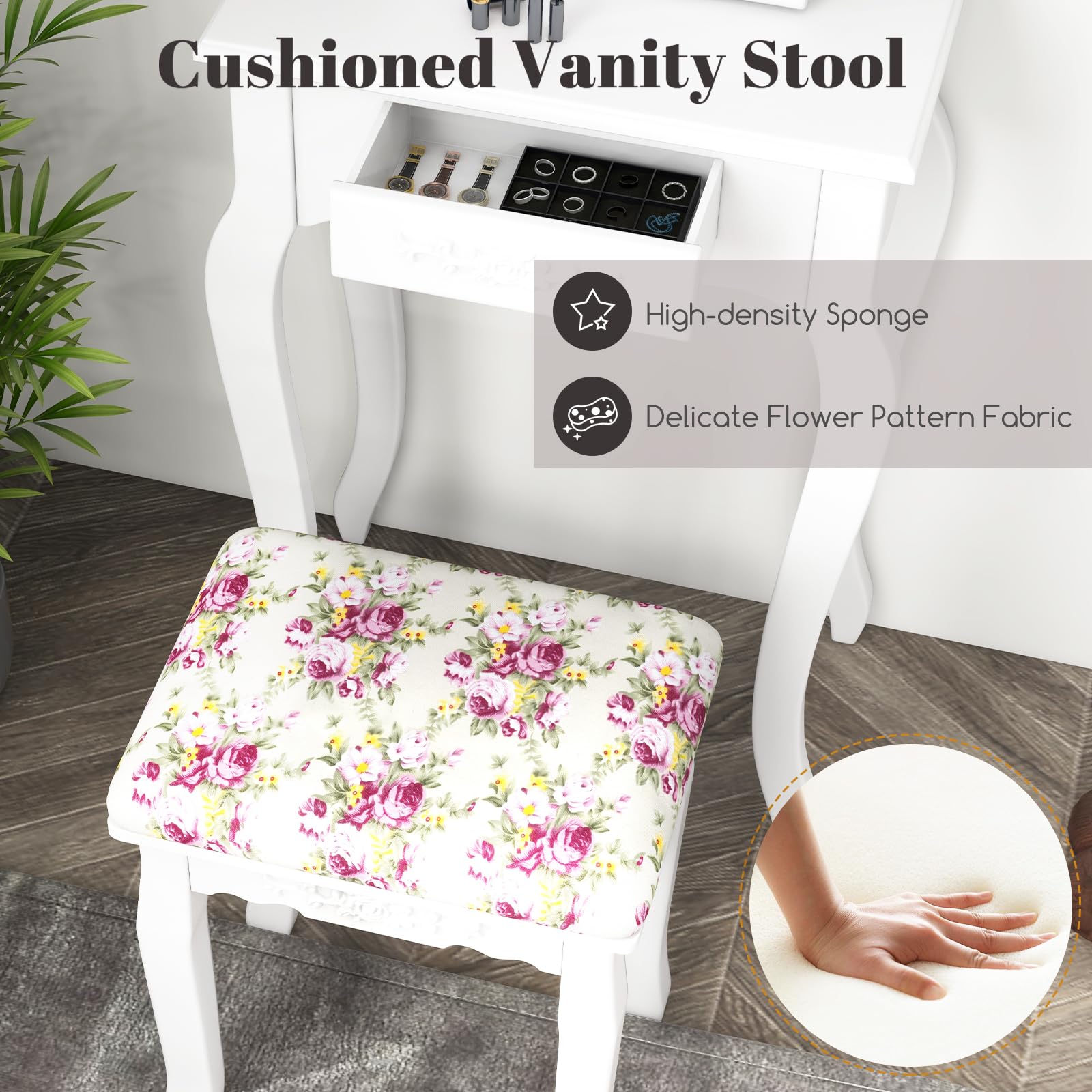 Rovaurx Ensemble De Maquillage De 118,6 Cm W Avec Lumières Et Miroir, Coiffeuse Avec 5 Tiroirs, 3 Couleurs D'éclairage, Coiffeuse Pour Chambre à Coucher, Studio, Blanc RSZT106WD