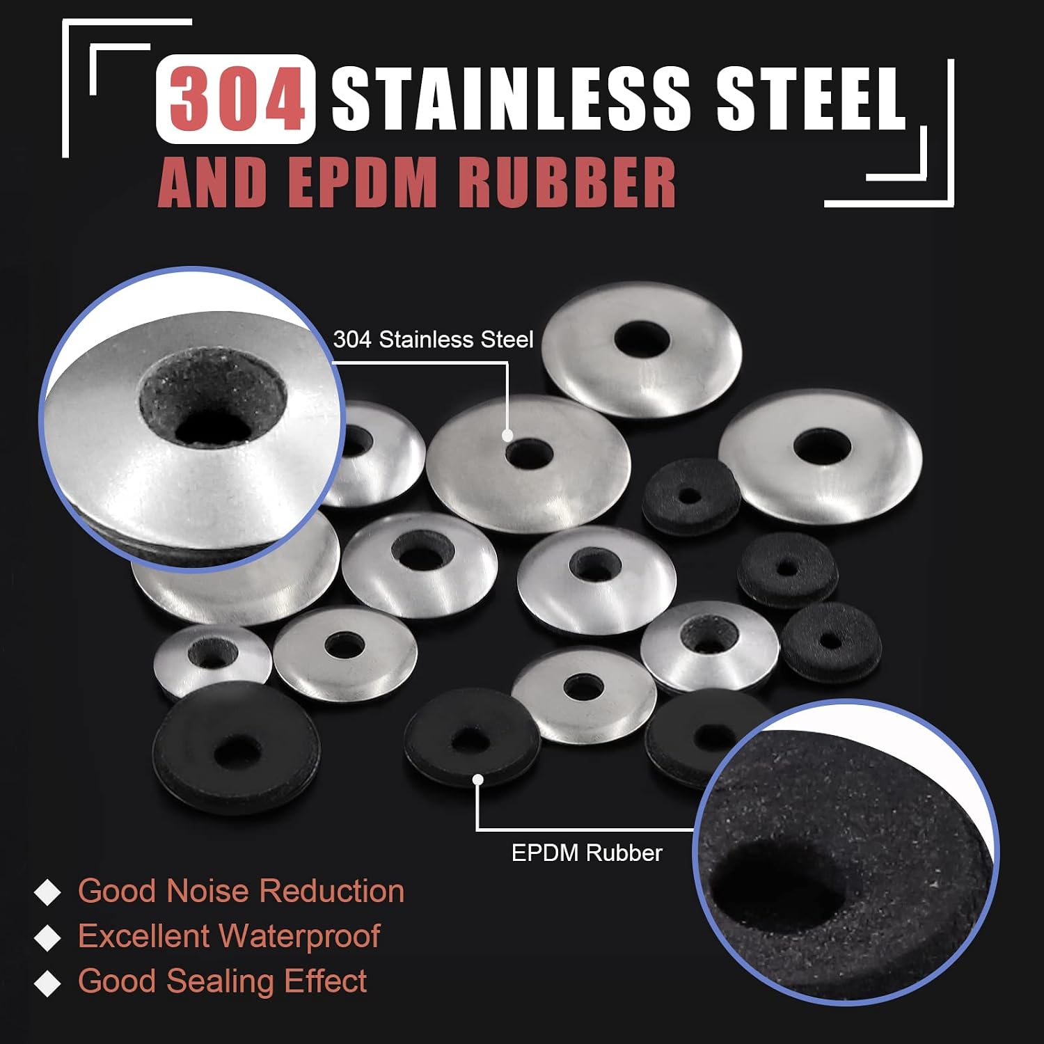 Hilitchi 140Pcs 8Sizes Stainless Steel Neoprene EPDM Bonded Sealing Gasket Washers, Cushioning Washers Assortment Kit