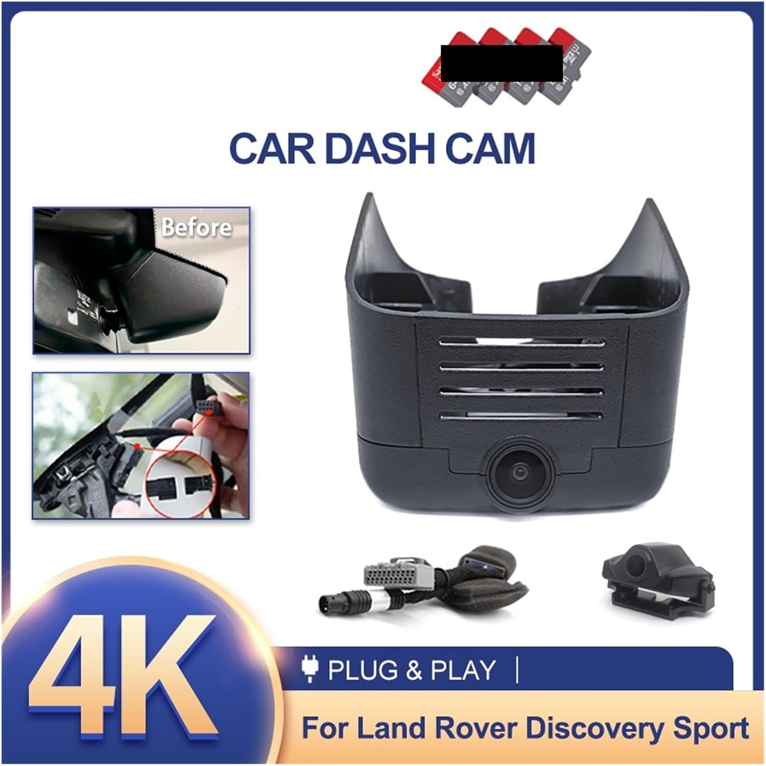 Dash cam installation before and after views, showing plug and play connection