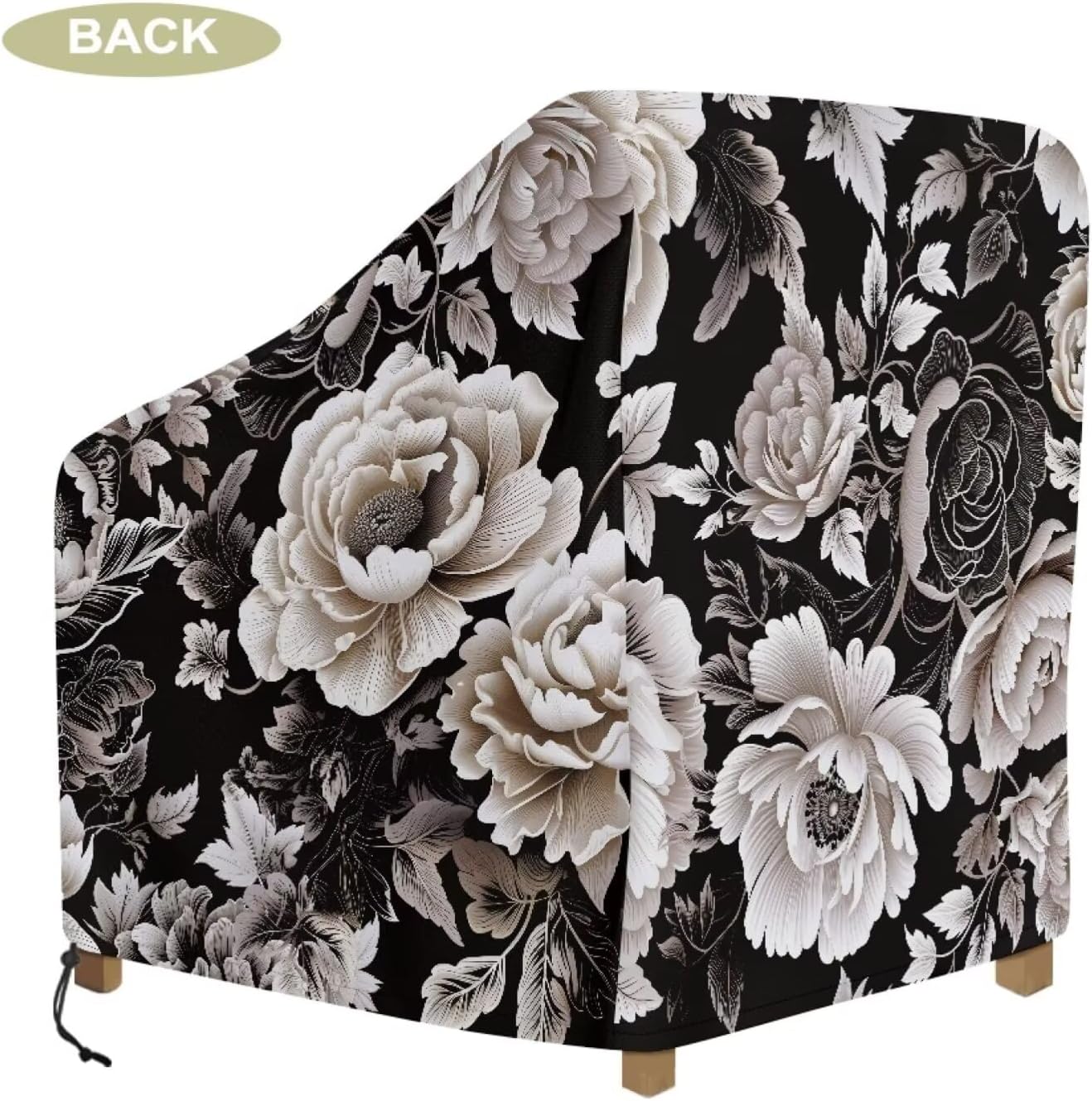Black White Peony Flower Print Patio Chair Covers Waterproof Outdoor Furniture Covers for Lawn Lounge Seat Swivel Rocking Chairs with Handle, 37.8"W x 37.8"D x 36.22"H