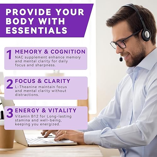 Miniatura 6 de Suplementos cerebrales para la memoria y la concentración, suplemento cerebral 11 en 1 con NAC, B12, L-teanina, Bacopa Monnieri y más, para cerebro,