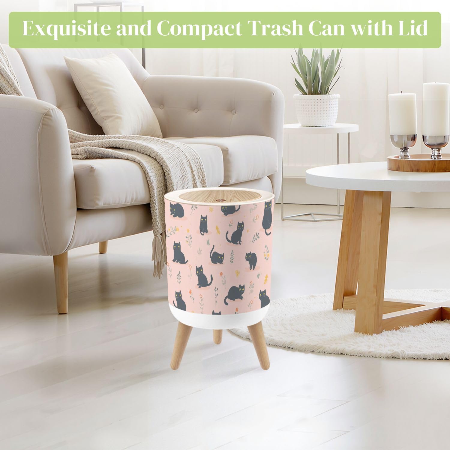 Small Trash Can with Lid Pink Floral Cute Cat Funny Animal Nursery Girl s Room Playroom Kitten Round Press Top Garbage Can with Legs Trash Bin Waste Basket for Kitchen Bedroom Bathroom 7L/1.8 Gallon
