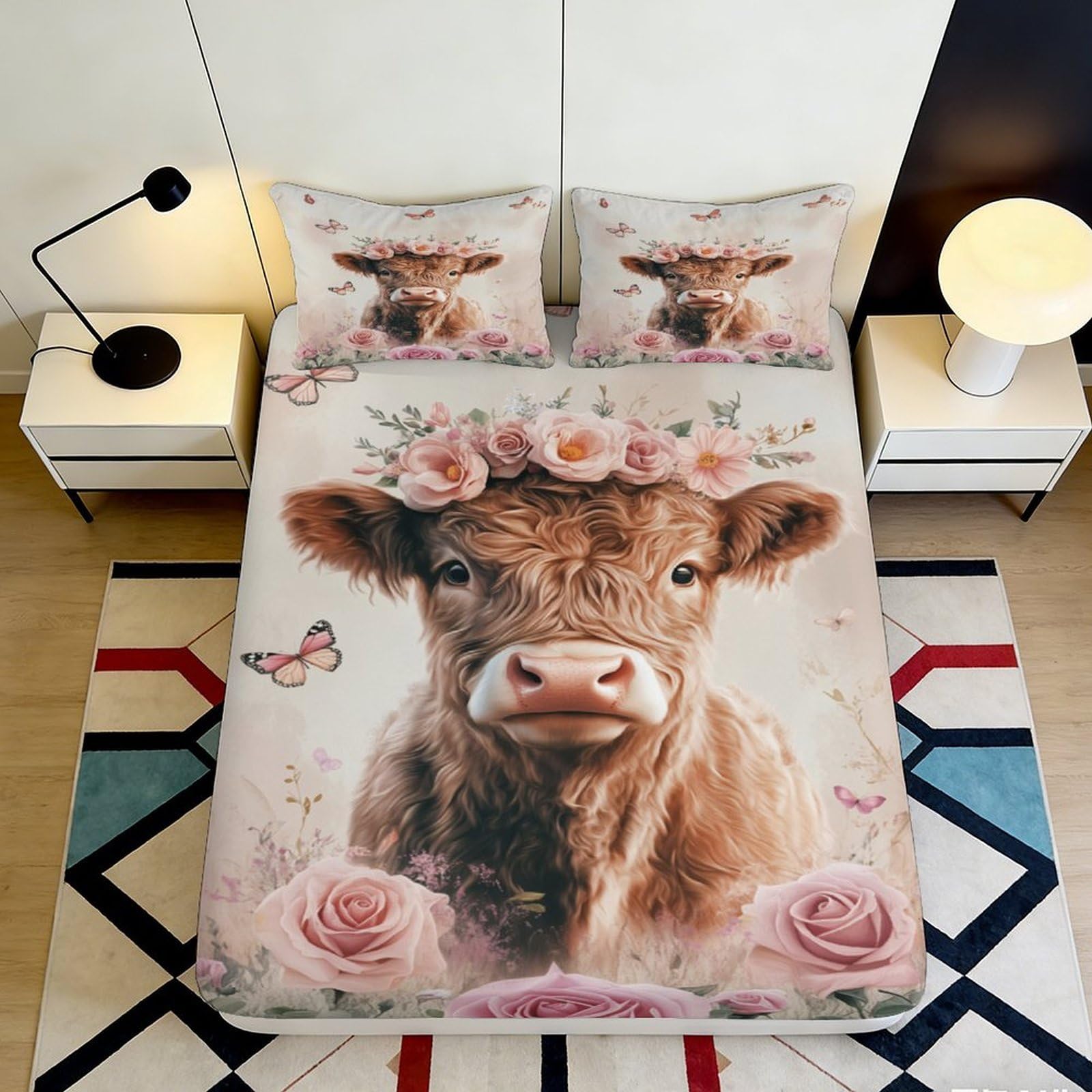 3D Printed Highland Cow Floral Fitted Sheet Microfiber Soft Breathable Rose Butterfly Mattress Cover Bedroom Decor, 118 chars 180x200x25cm