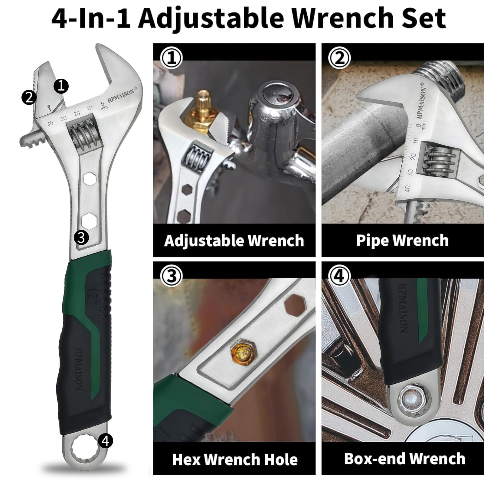 HPMAISON 12-Inch/310mm Soft Grip Adjustable Wrench with Max Opening Jaw Capacity 45mm, Premium Chrome Vanadium Steel Pipe Wrench - Image 3