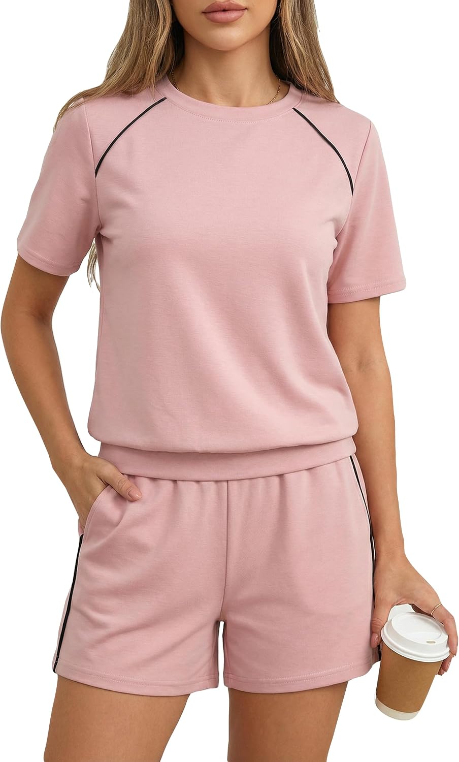 Bornpom Women 2 Piece Shorts Set Short Sleeve Summer Workout Outfits Casual Vacation Airport Travel Lounge Matching Set