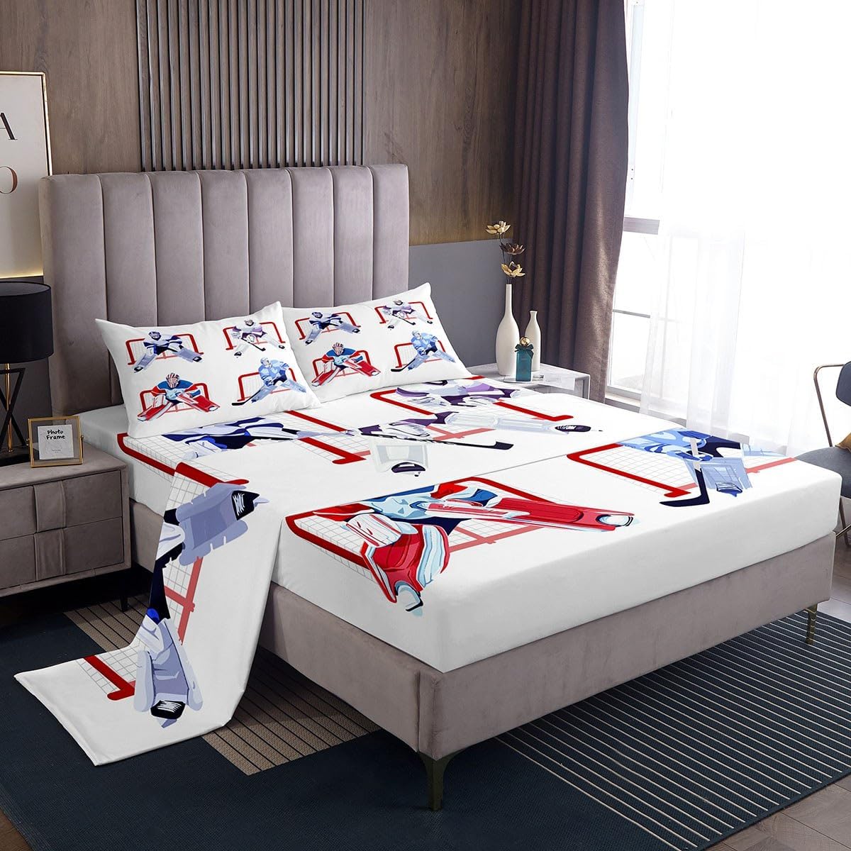 Ice Puck Game Sheets Set Ice Hockey Sports Player Bedding Set for Kids Bed Sheet Set Splash Ink Style Sheets with Deep Pocket Fitted Sheet Black Gaming Room Decor 3Pcs With 1 Pillow Case Twin Size