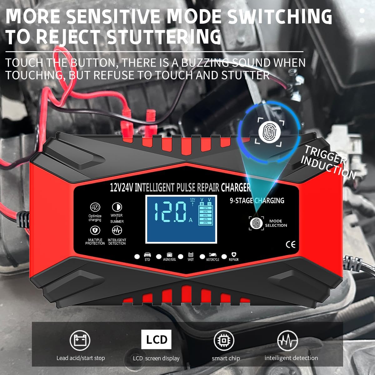 TEISQI charger showing mode selection button and various battery type indicators