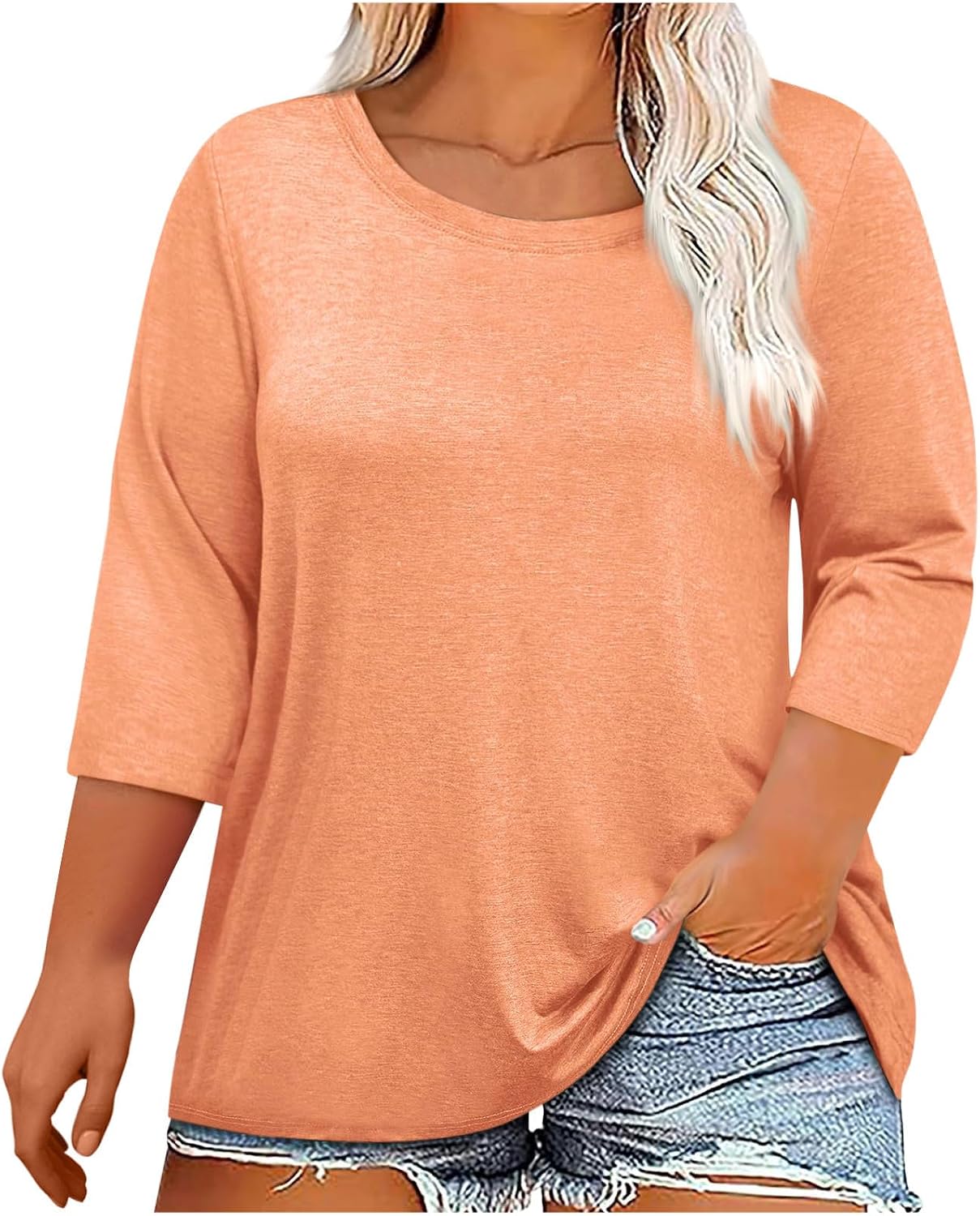 Summer Tops for Women 3/4 Length Sleeve Crew Neck Lounge Shirts Fashion Spring Outfits Solid Color Tees
