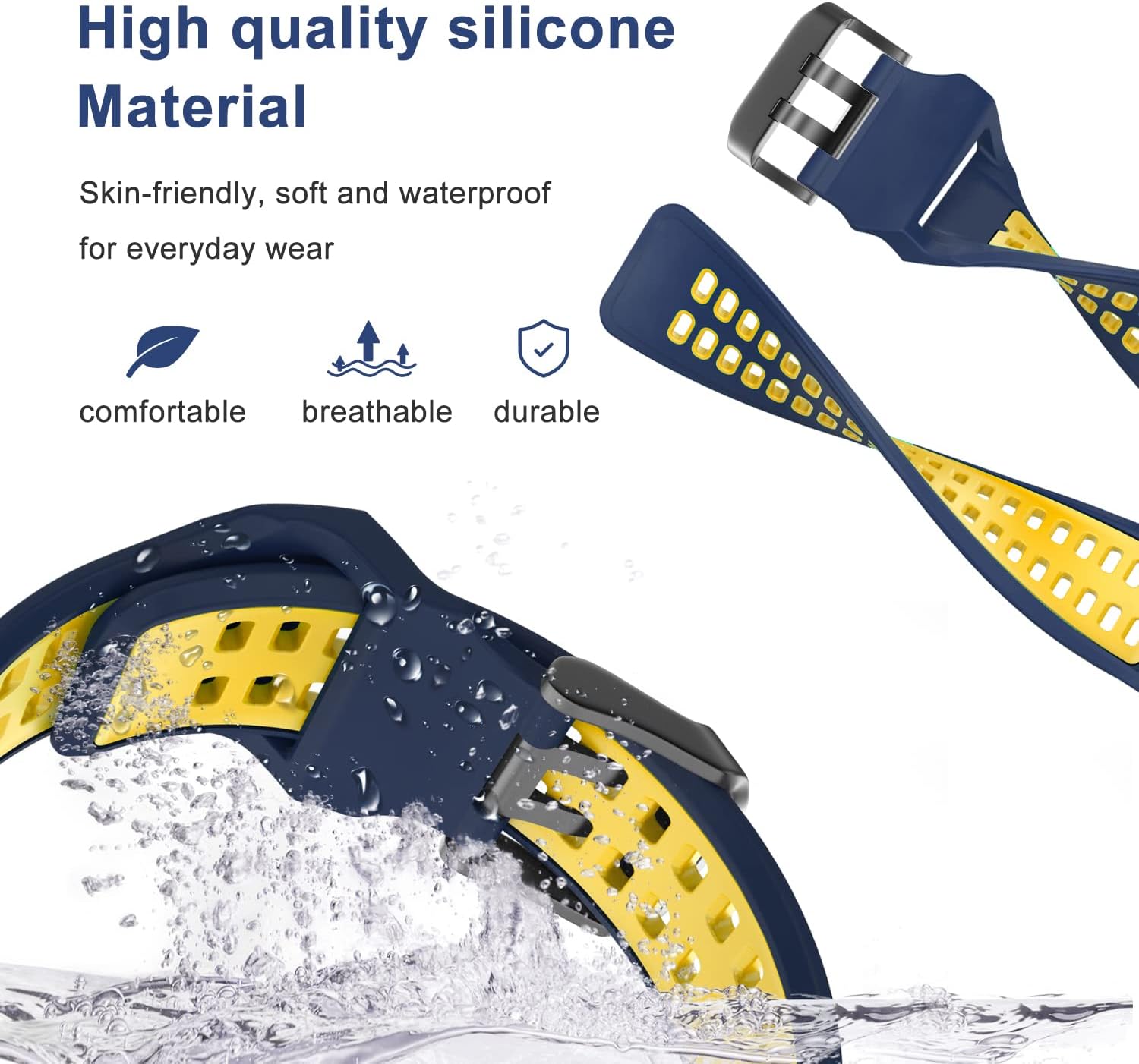 OVERSTEP Compatible with Garmin Fenix 7 Band, 22mm Easy-fit Sport Silicone Strap for Fenix 5/Fenix 5 Plus/Fenix 6/Fenix 6 Pro Smartwatch, Drak Blue Yellow - Image 4