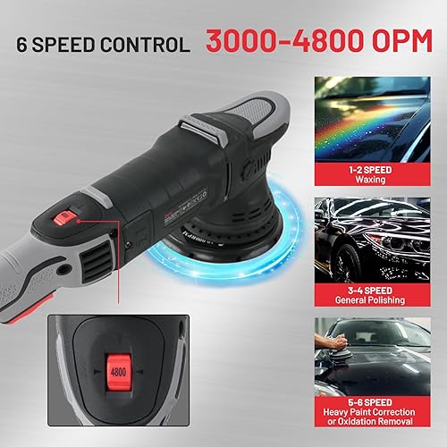 Miniatura 5 de ZKH Pulidora de búfer, kit de pulidores y pulidores de automóvil de 6 pulgadas, pulidora de doble acción de órbita de 0.827 in con potente motor de