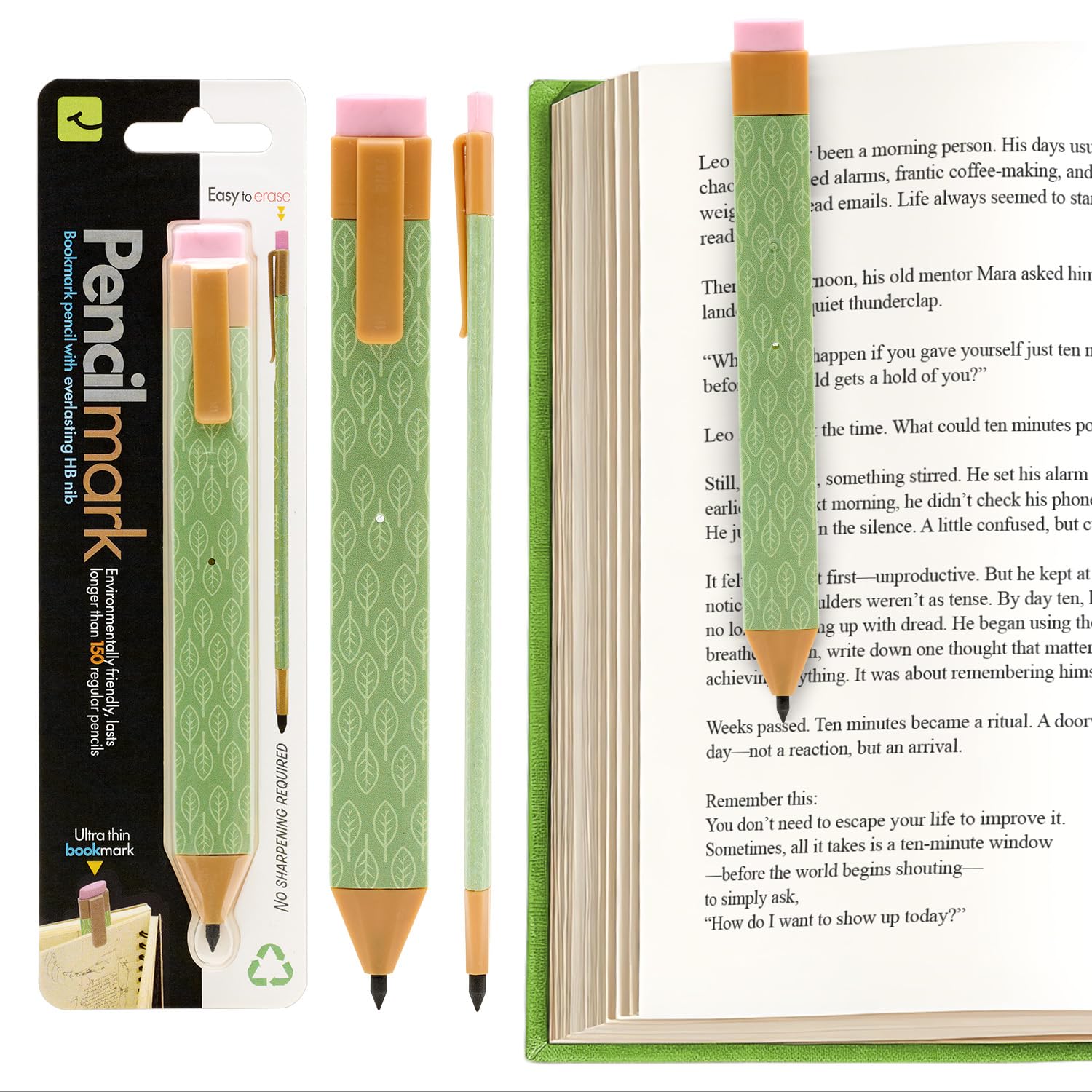 Thinking Gifts Flat Writable Pencil & Page Marker Bookmark - Green Leafs