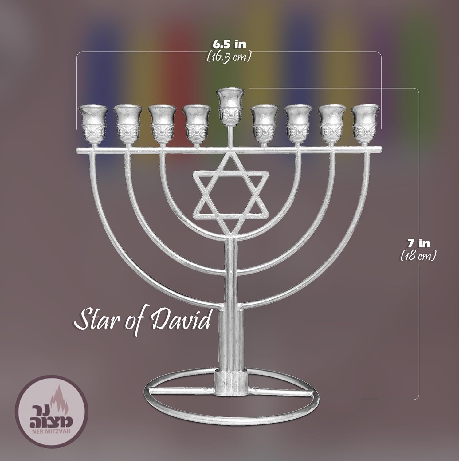 Ner Mitzvah Hanukkah Menorah with Jewish Star - Fits All Standard Chanukah Candles - Sleek Wireframe Silver Chanukah Menorah Modern Davids Star Design - 7" High