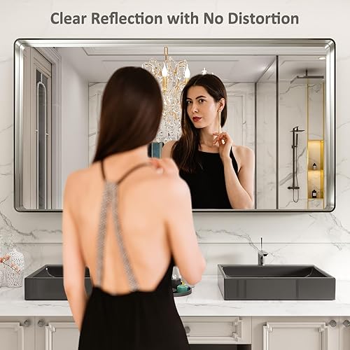 Miniatura 2 de LOAAO - Espejo de bañotocador con marco de metal níquel cepillado plateado, 72x36 pulg, rectangular, redondeado, antióxido, inastillable, horizontal