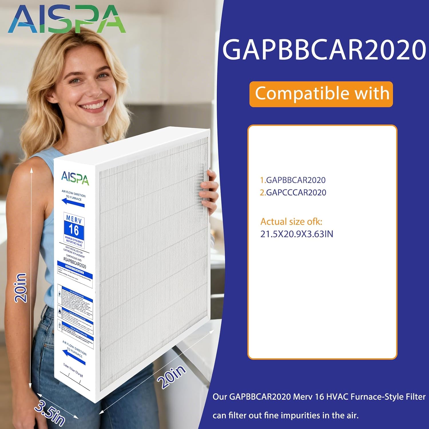 MERV 16 furnace filters, 20x20x3.5 Inches, Compatible with Bryant Carrier Infinity Air Purifier Cartridge, Replacement for GAPCCCAR2020 & GAPBBCAR2020 furnace filter