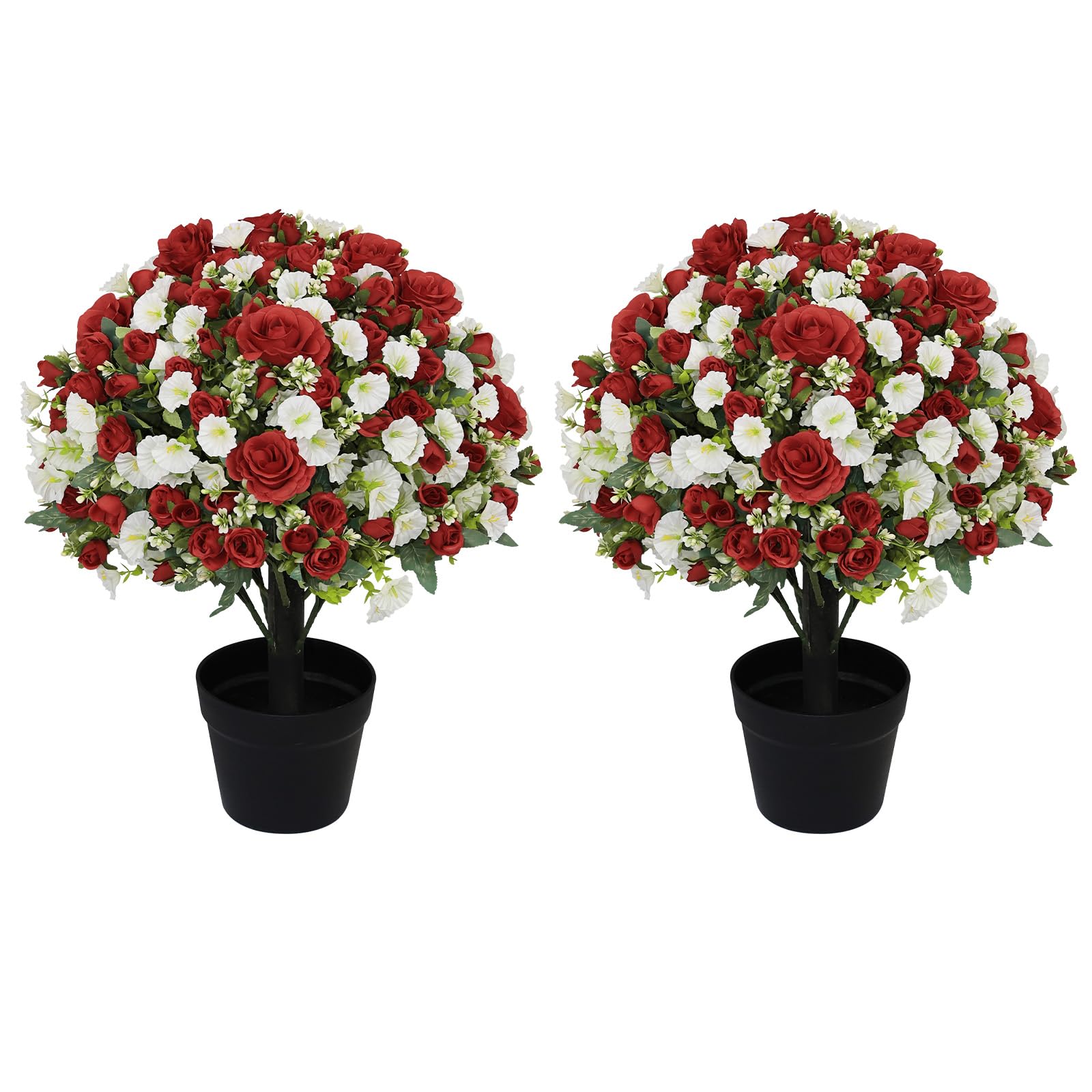 Aoutyers 24" Artificial Potted Flowers for Outdoors, Silk Rose Faux Plants | Set of 2, UV Resistant, Realistic Red Rose, Weighted Cement Pots, Front Porch Decor