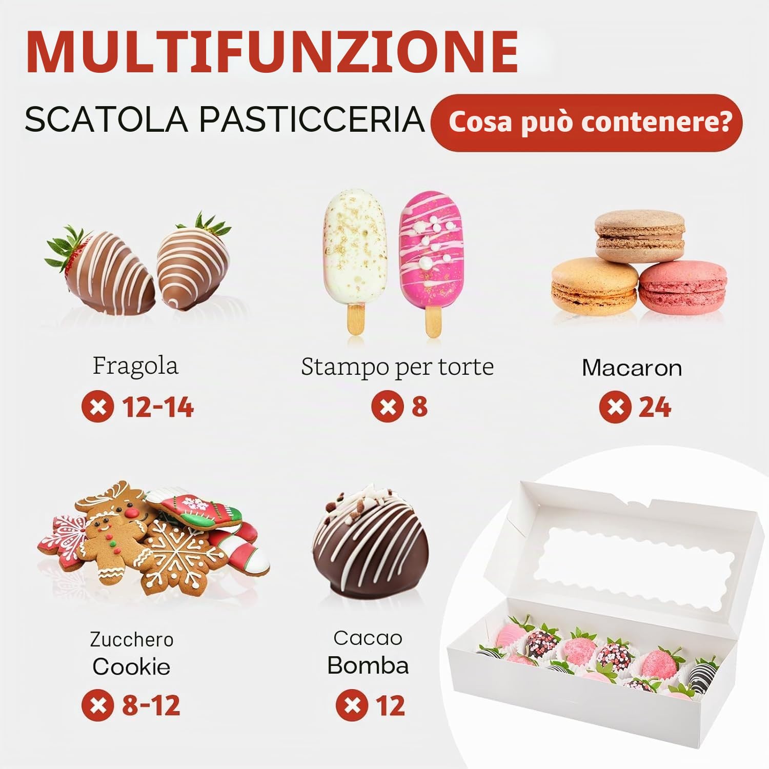 KAHEIGN 24 Pezzi Scatole per Biscotti con Finestra, 32CM x 14CM x 6.5CM Grandi Scatole Bianche per Pasticceria Quadrate Scatole per Dolcetti Torte Ciambelle Cioccolato Ricoperte Fragole Muffin Torte