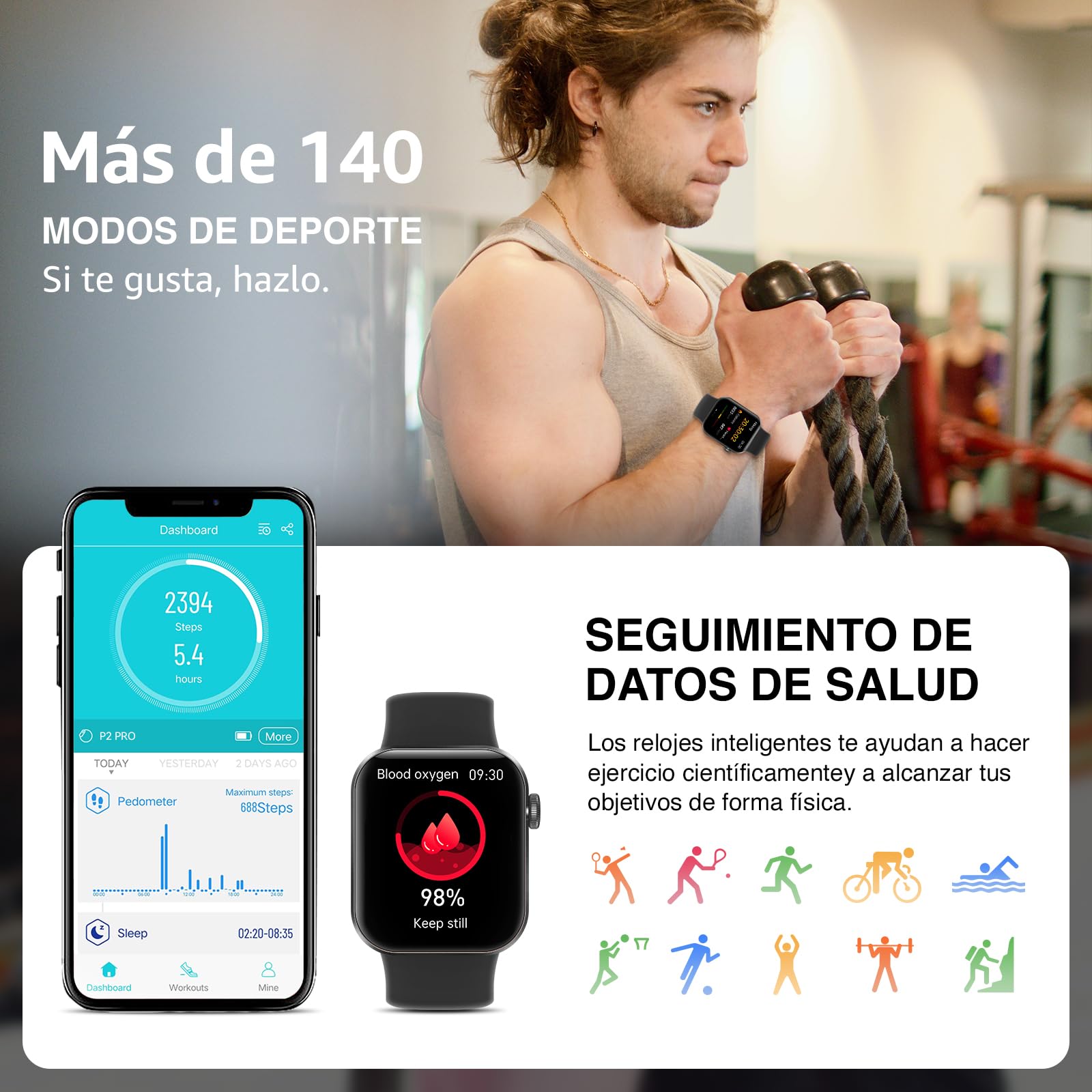 Reloj Inteligente Mujer Hombre, 1.85" Smartwatch con Llamadas Bluetooth, 140+ Modos Deportivos Smart Watch con SpO2/Pulsómetro/Monitor de Sueño/Podómetro, Impermeable IP68 Smart Watch Para Android iOS